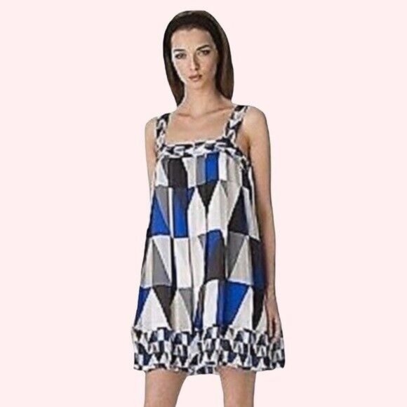 Theory Sz. 12 100% Silk Blue/Grey/White/Black Geometric Pleated Tank Dress - Picture 8 of 8